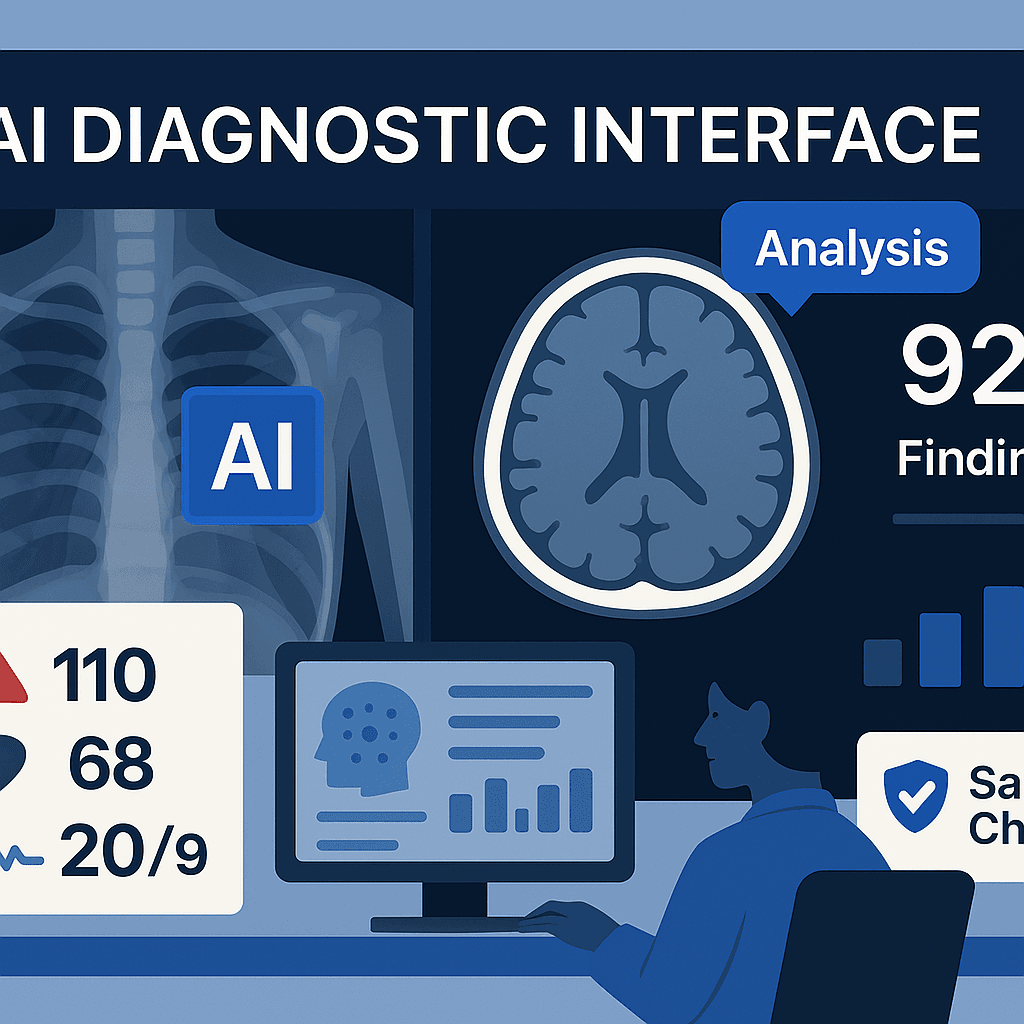 AI-powered diagnostic interface showing patient scan analysis with highlighted areas of concern and diagnostic suggestions