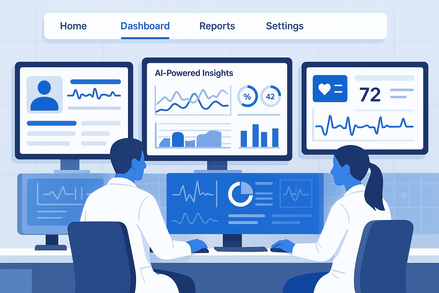 Modern hospital dashboard interface showing real-time patient data, analytics, and AI-powered insights